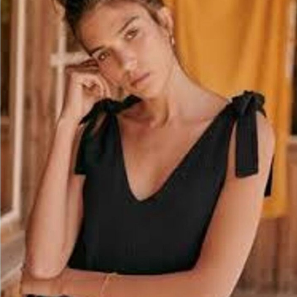 Sezane Black Ribbed Tie-Shoulder Tank Top, S